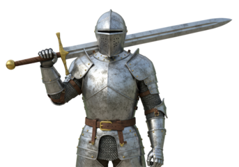 Isolated Knight in Shining Armor with Sword Over Shoulder