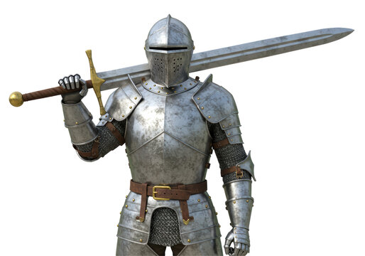 Isolated Knight in Shining Armor with Sword Over Shoulder
