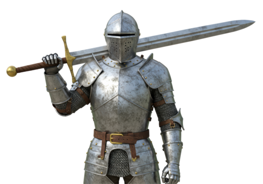 Isolated Knight in Shining Armor with Sword Over Shoulder