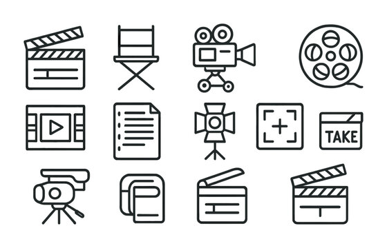 Film production icon set: linear style for movie-making projects