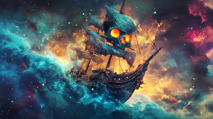 Naklejka premium pirate ghost ship, navigating through cursed waters, spectral glow, watercolor style. Spectral Brine. Illustration