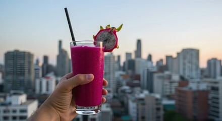 Naklejka premium Dragon fruit smoothie with city view.