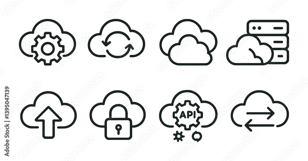 Poster cloud computing linear icons set: synchronization, security, api, and more