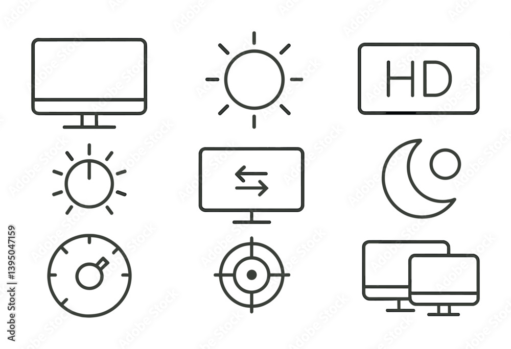 Poster essential display and multimedia icon set: flat linear design for web and apps