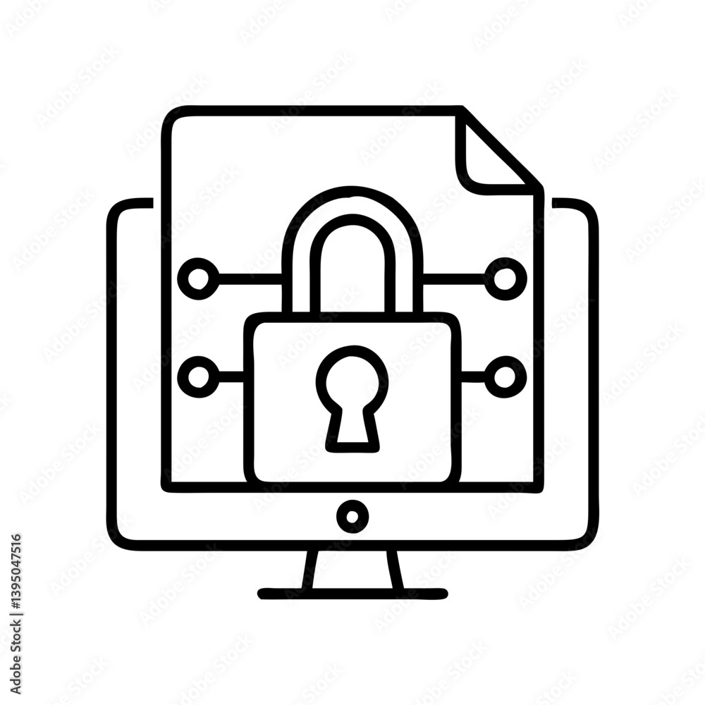 Poster secure data file on computer monitor for cyber security and data protection icon