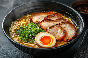 delicious bowl of ramen featuring steaming noodles, tender slices of pork, soft boiled egg, and fresh green onions