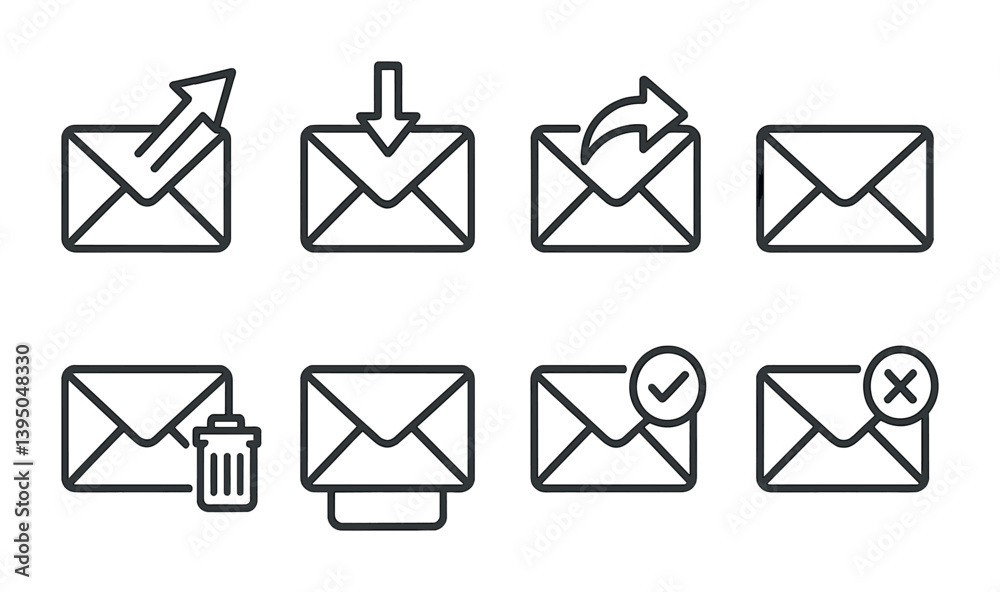 Poster email icons set: linear style with various envelope actions