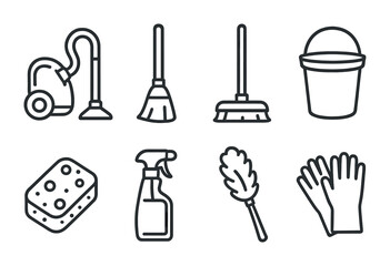 Essential cleaning tools icons set in linear style