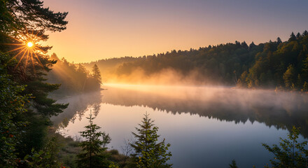 Fototapeta premium Lake at Sunrise with Fog Rolling Over Water Surrounded by Forest
