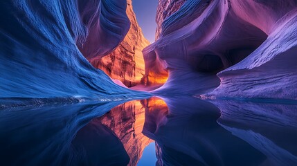 A glowing canyon with reflective walls and softly illuminated crevices 