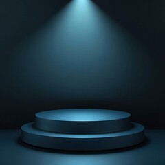 Circular Podium on Dark Background, Light Navy and Luminous Atmosphere, Light Silver and Azure Tones, Performance Stage, Light-Filled Composition, Spot Metering, Layered Surfaces, Elegant Design
