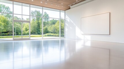 Fototapeta premium Modern art gallery, spacious, bright, serene. Tranquil, minimalist exhibition hall with expansive windows showcasing lush landscape. Clean lines, neutral color palette