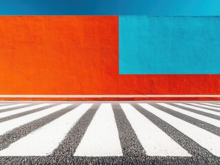 Minimalist Architecture Photography, White Zebra Crossing, Orange Building, Blue Sky Background, Close-Up Shot, Geometric Composition, Strong Light-Dark Contrast, High Resolution, Clear Details