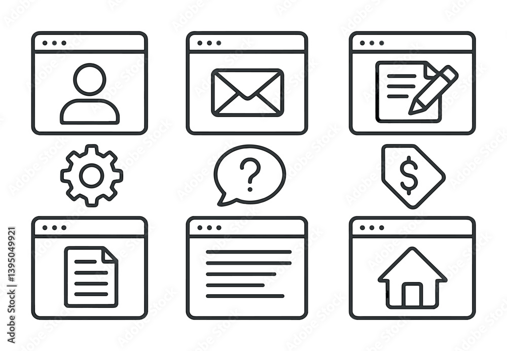 Poster essential web and communication icons set in linear style for ui/ux design