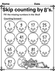 Skip counting by 8 with skull, math activity for kids, preschool, kindergarten and homeschool , fit for 8.5”x11” size