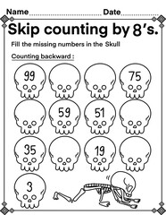 Skip counting by 8 with skull, math activity for kids, preschool, kindergarten and homeschool , fit for 8.5”x11” size