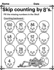 Skip counting by 8 with skull, math activity for kids, preschool, kindergarten and homeschool , fit for 8.5”x11” size