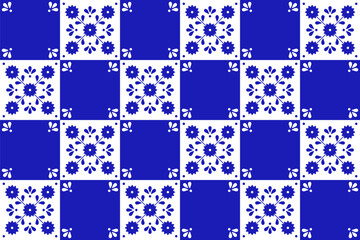 Mexican seamless pattern with flower inspired by blue talavera ceramic tile. Vector illustration. Mosaic design art.
