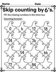 Obraz premium Skip counting by 6 with witch’s head, math activity for kids, preschool, kindergarten and homeschool , fit for 8.5”x11” size