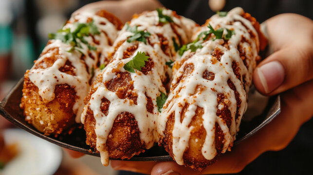 Delicious close up of crispy Mexican street food, featuring elotes drizzled with creamy sauce and garnished with fresh herbs