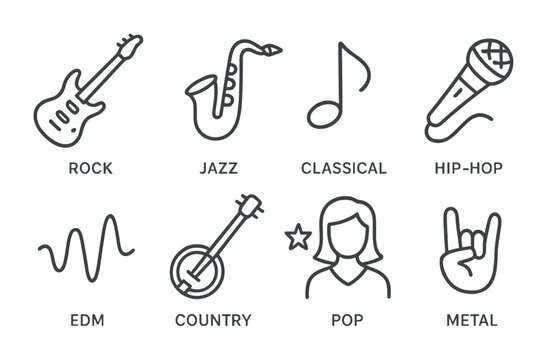 Music genre icons set: linear style with 8 diverse music representation icons