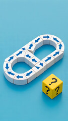 Isometric Infinity Path with Blue Arrows and Yellow Dice

