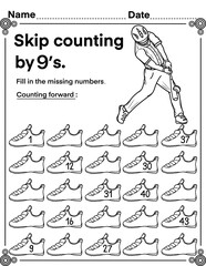 Obraz premium Skip counting by 9 with baseball batter, math activity for kids, preschool, kindergarten and homeschool , fit for 8.5”x11” size