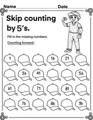 Skip counting by 5 with baseball pitcher, math activity for kids, preschool, kindergarten and homeschool , fit for 8.5”x11” size