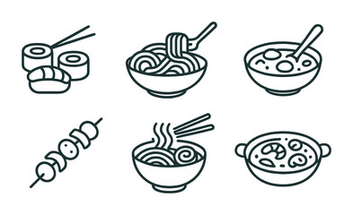 Asian cuisine icons set: line art illustrations of sushi, ramen, and more