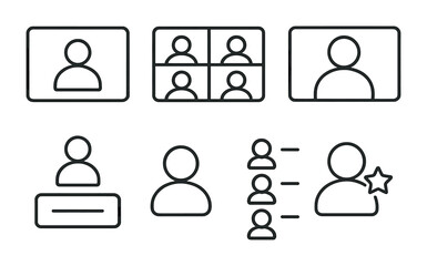 Video conference and user profile icons set - linear style for digital communication