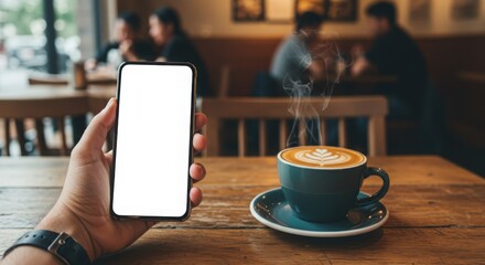 A hand holding a smartphone with a blank screen, positioned on a rustic wooden table in a cozy coffee shop.