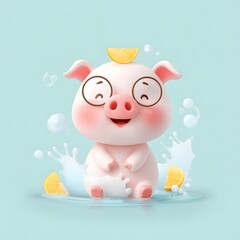 A cute cartoon pig wea glasses happily sits in refreshing milk bath with lemon slices creating a cheerful summer scene perfect for refreshing advertisements.