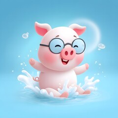 Fototapeta premium A cheerful cartoon pig wea glasses joyfully splashes in cool water creating delightful bubbly splashes in a fun summer scene.