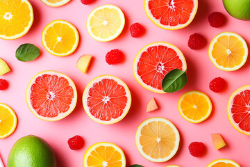 Obraz premium Fresh Citrus and Raspberries on Pink Background