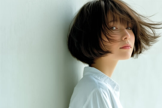 Japanese woman with short bob hairstyle leaning against wall