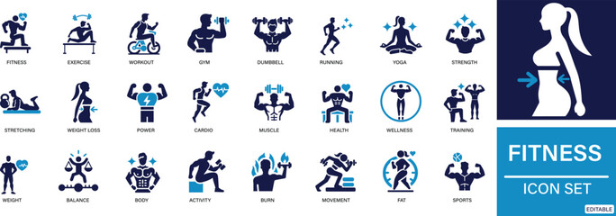 fitness and gym icon set featuring exercise, workout, dumbbells, jogging, strength, muscle, exercising, running, weight, training, wellness, health, and strength symbols for active lifestyle design.