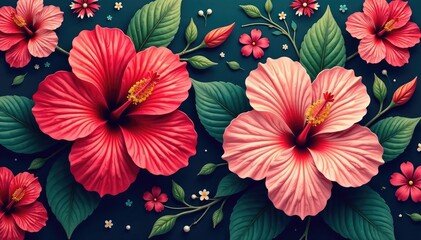 Obraz premium Intricate hibiscus blossoms, vibrant hues, repeating floral motif , decoration, design, seamless