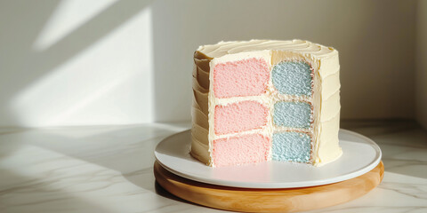 Gender Reveal Cake: A meticulously crafted cake reveals its secrets, offering a tantalizing peek at pink and blue layers symbolizing the joyous anticipation of a new arrival