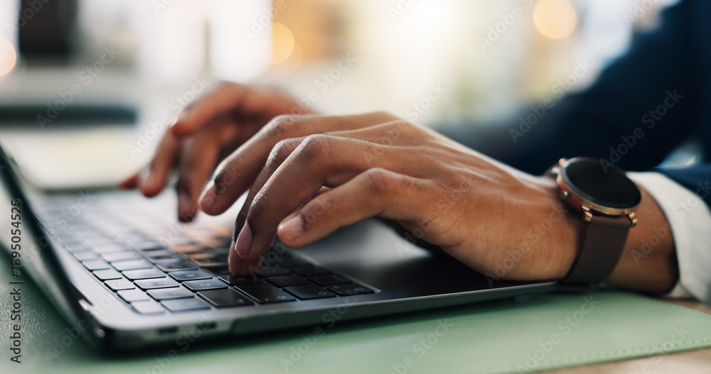 Poster laptop, hands and businessman in office with keyboard for research with finance report for planning 