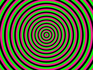 An abstract background with a hypnotic pattern of concentric circles in bright pink, lime green, and black. The circles create a swirling, almost optical illusion effect.
