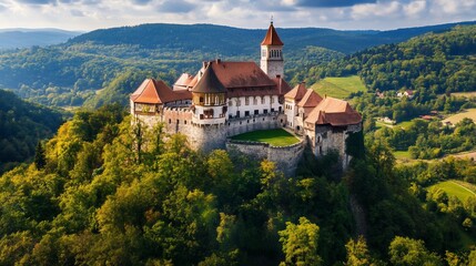 Fototapeta premium Majestic Hilltop Castle Amidst Verdant Hills