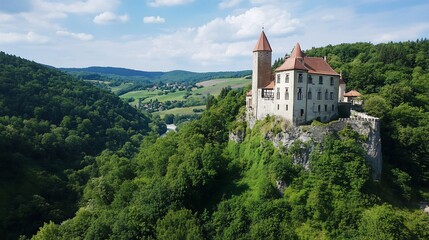 Fototapeta premium Majestic Hilltop Castle Overlooking Verdant Valley