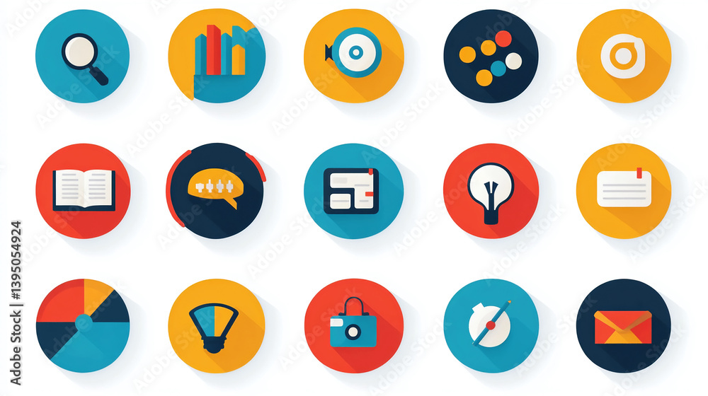 Poster collection of colorful flat design vector icons for web and app ui design elements and business symb