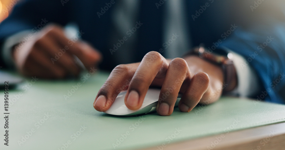 Aufkleber Mouse, office and hands of business person on computer for research, internet and online project. Professional, corporate and closeup of worker on pc for finance report, feedback and website click