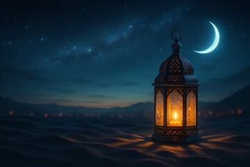Ethereal Lantern Glowing in Desert Night Under Starry Sky with Crescent Moon Illuminating the Sand Dunes and Mountains in the Background