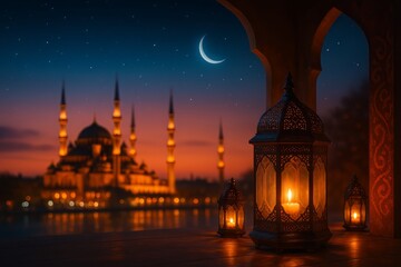 Fototapeta premium Serene Evening in a Historic City with Lanterns and a Crescent Moon Over a Majestic Mosque Silhouette by the Water