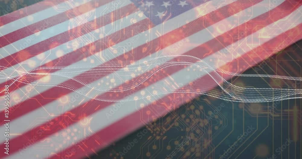 Poster american flag with digital circuit patterns and data flow animation overlay