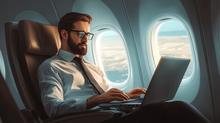  Sophisticated businessman works on laptop in luxurious private jet cabin.