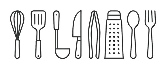 Essential kitchen utensils linear icons set for cooking and baking enthusiasts