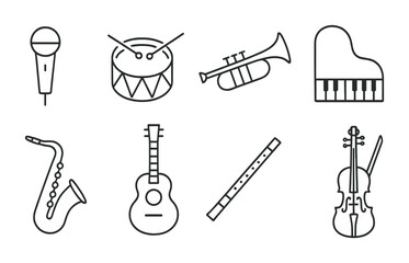 Elegant linear music icons set featuring microphone, instruments, and more